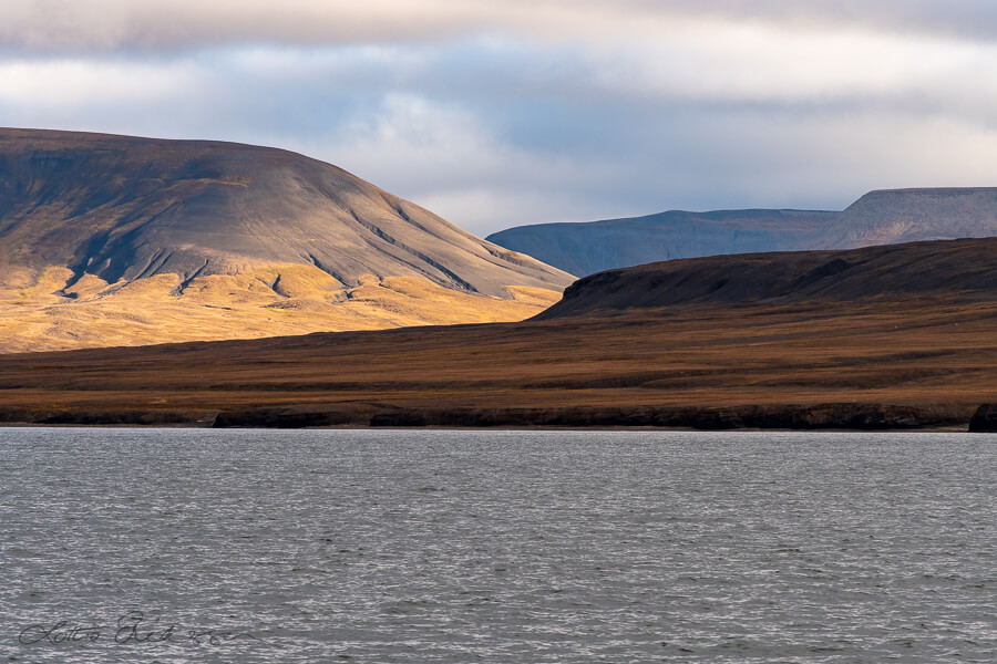 Svalbard_seaview_sunlit_valley_mosscovered_mountains_clouds900