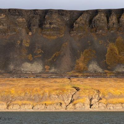 Svalbard Seaview Flat Mountain Mosscovered Shore Coalmining Remnants900