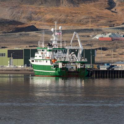 Sj Longyearbyen Harbour Colors Green Ship Building Blue Crane Mountain Earthtones Water Reflections900